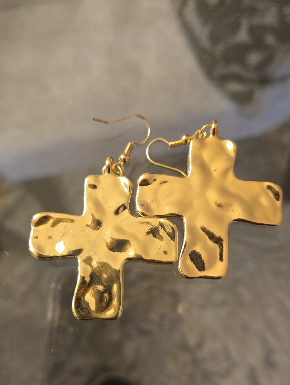 Gold-Tone Large Hammered Cross Drop Earrings - Women Jewelry New
